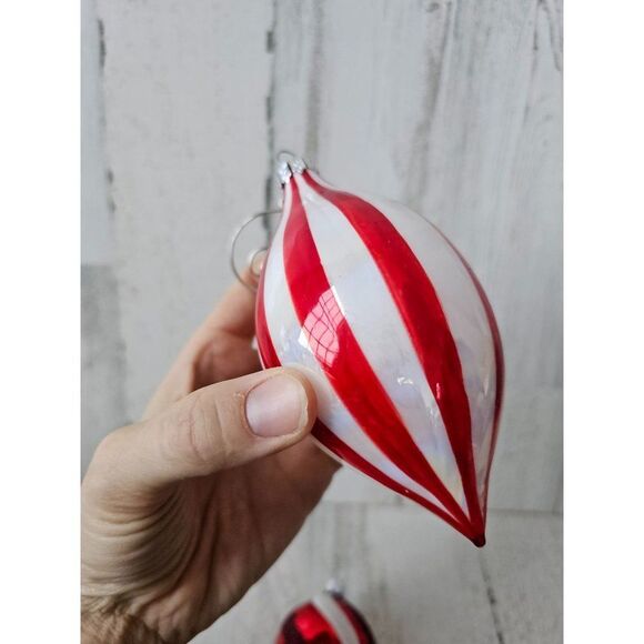 Striped reflector red ornament teardrop ball set lot Xmas tree large - Picture 9 of 13
